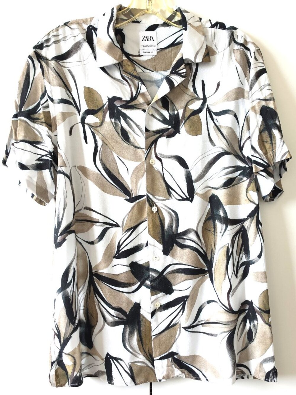 Zara Men's Medium Relaxed Fit Abstract Botanical Camp Collar Shirt